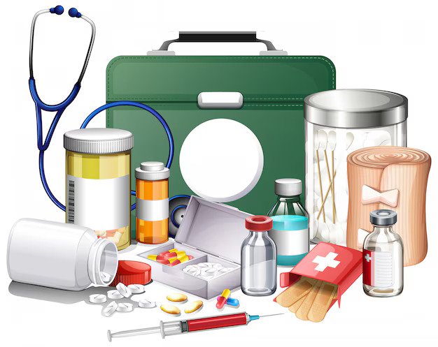 many medical equipments medicine white background_1308 43331